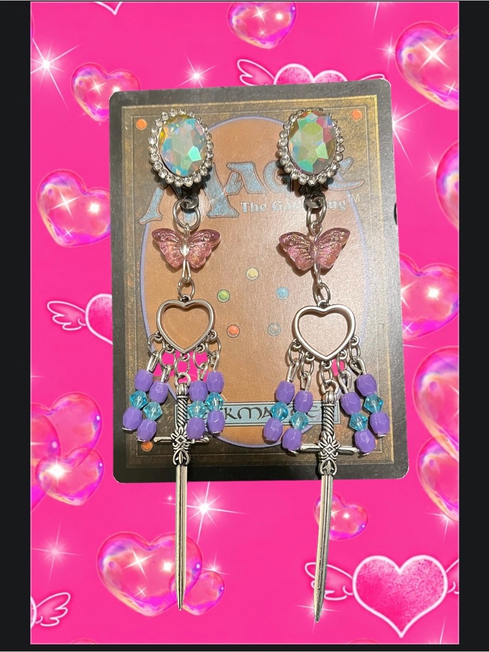 Iridescent Crystal & Pink Butterfly Heart Dangle Earrings